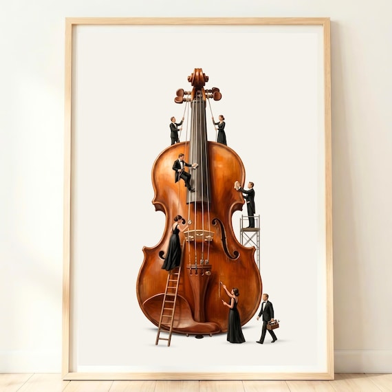 Giant Violin Tiny Musicians Whimsical Classical Music Poster