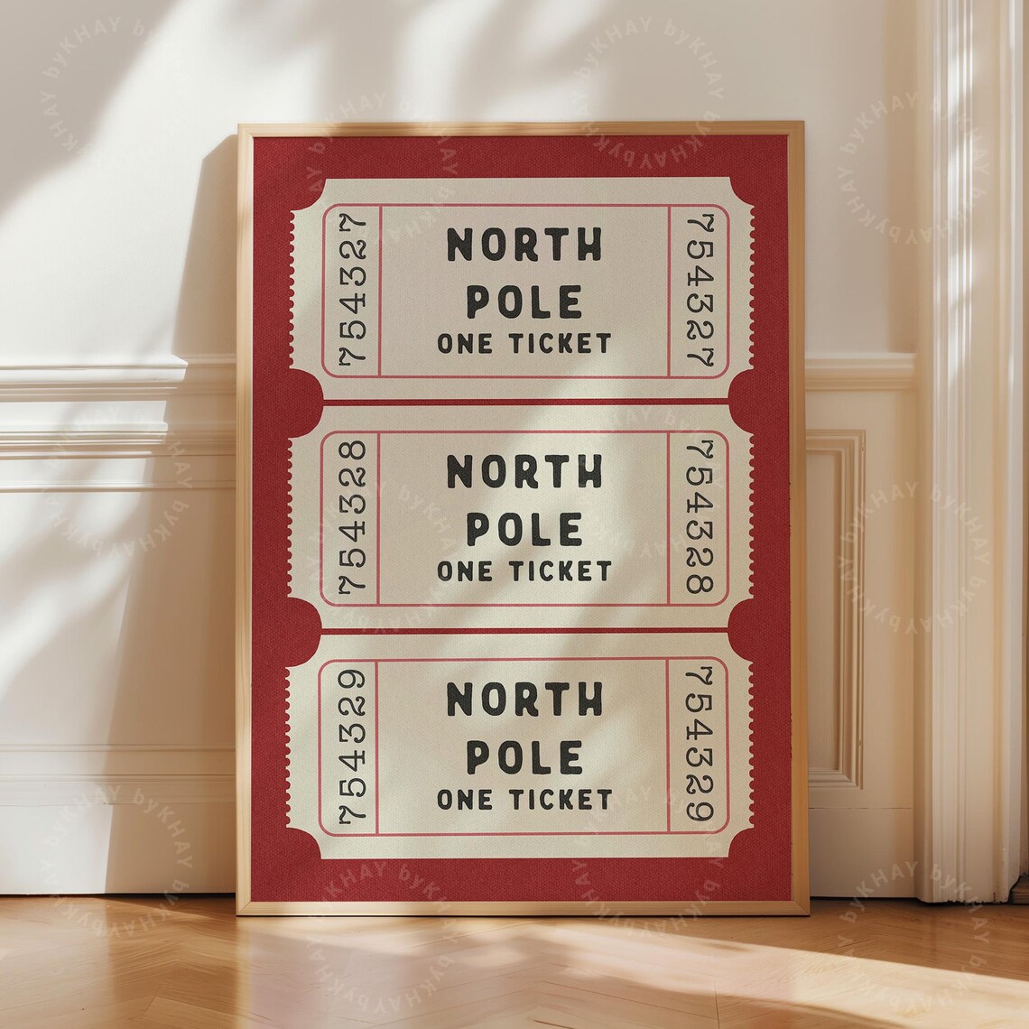 North Pole One Ticket Vintage Christmas Stub Trio Festive Red Poster