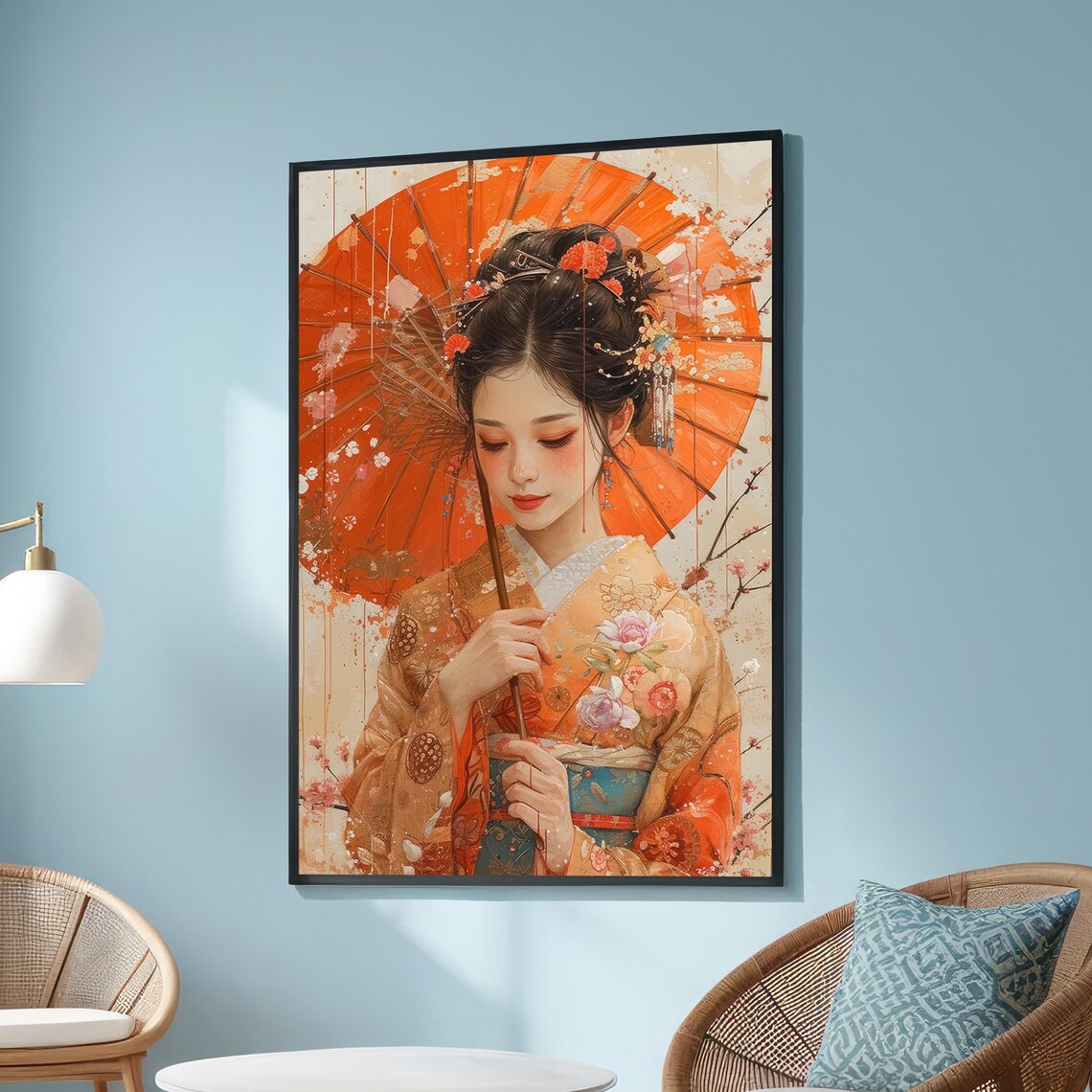 Japanese Woman With Orange Parasol, Boho Portrait Art