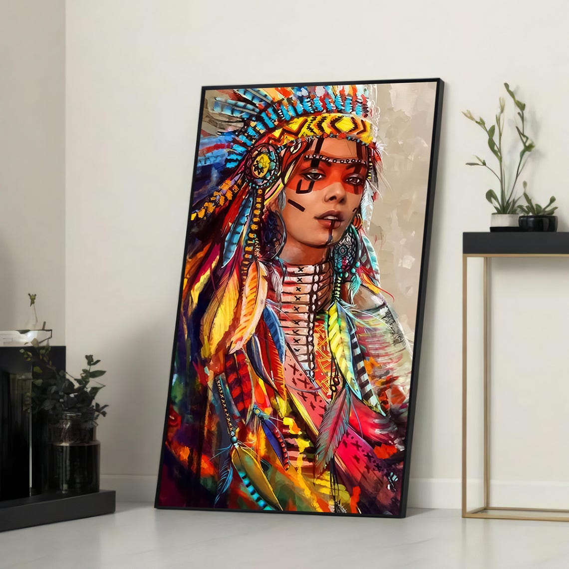 Tribal Woman with Colorful Feather Headdress and Face Paint Print
