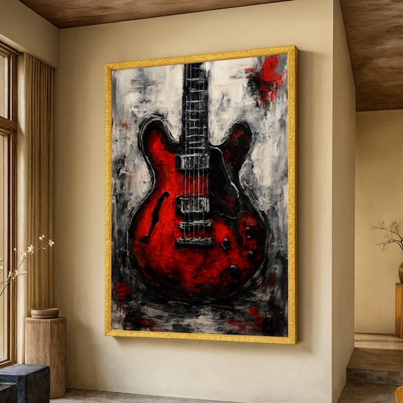 Red Electric Guitar Canvas Wall Art Abstract Music Instrument Painting Rock And Roll Decor Modern For Home Ready To Hang