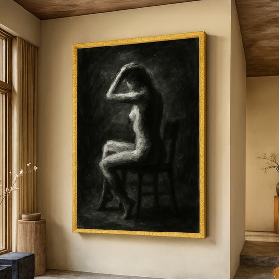 Moody Black And White Nude Figure Seated Woman Canvas Artistic Body Silhouette Wall Art Dark Tone Home Decor Expressionist