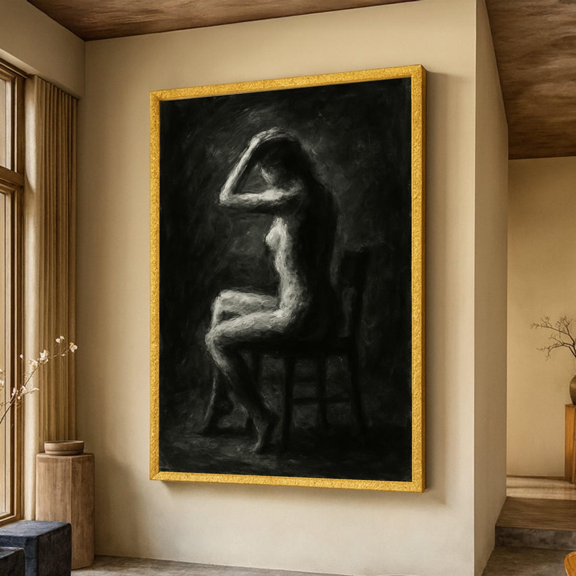 Dark Monochrome Seated Nude Woman Charcoal Sketch Style Art Poster