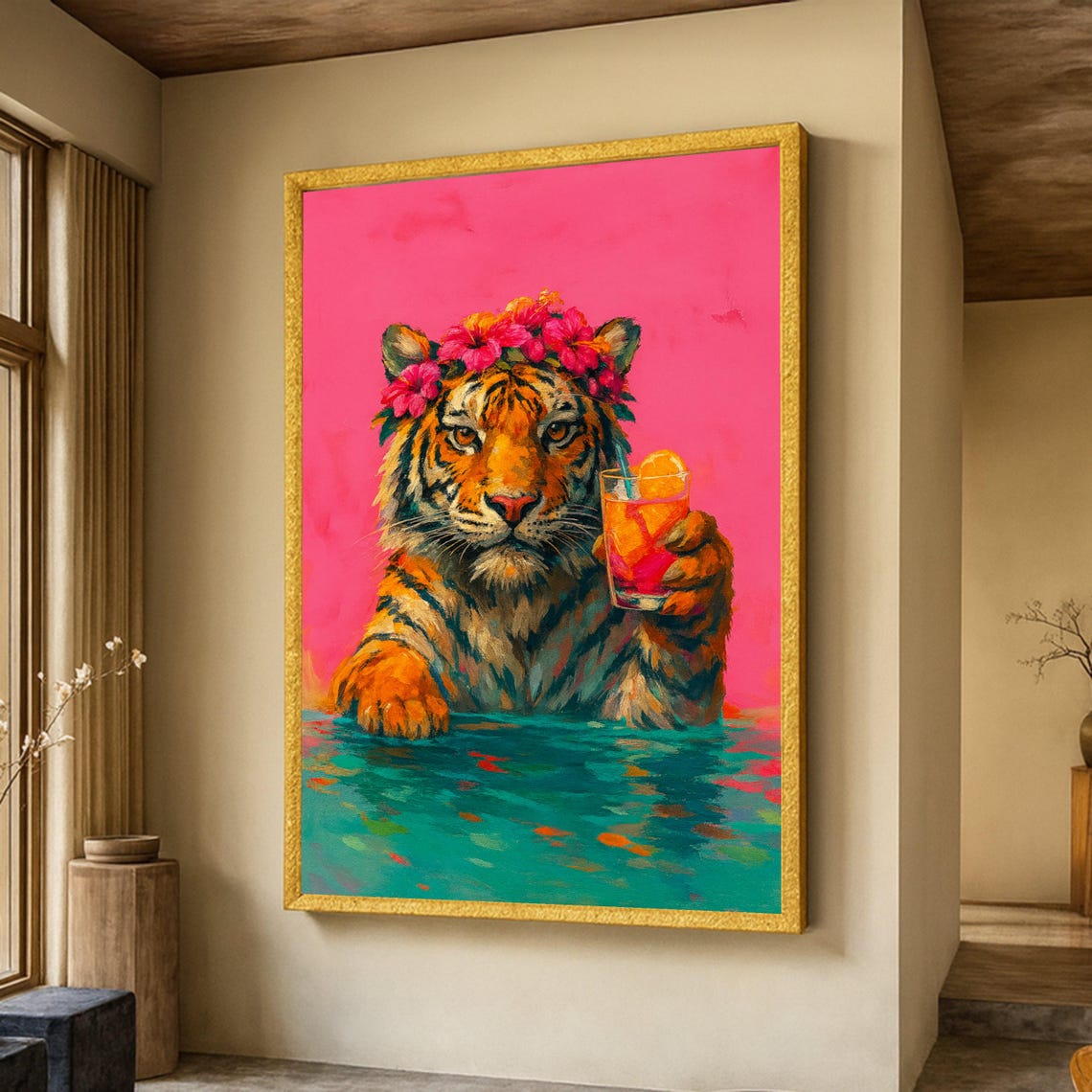 Tropical Tiger Floral Crown Cocktail Pool Party Fun Wall Art