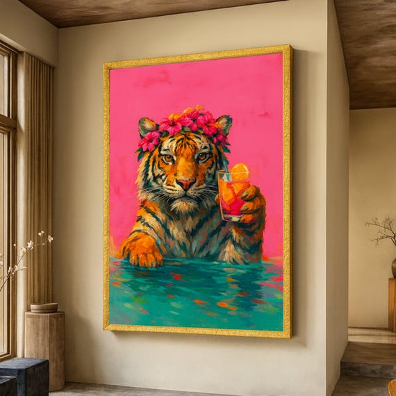 Tropical Tiger Portrait Canvas Floral Crown Wall Art Vibrant Animal Painting Colorful Wildlife Fun Summer Home Decor