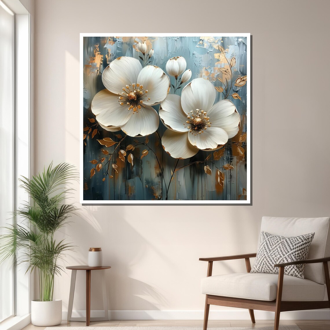 Elegant White Floral Art, Gold Accented Decor - Image 3