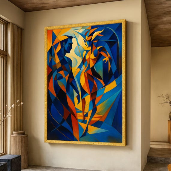 Abstract Cubism Dance Colorful Geometric Figures Canvas Modern Artistic Wall Art Blue And Orange Home Decor Contemporary Painting
