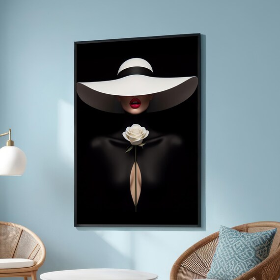 Mystery Woman Art Print Red Lips White Hat And Rose Modern Minimalist Wall Decor For Bedroom Or Living Room