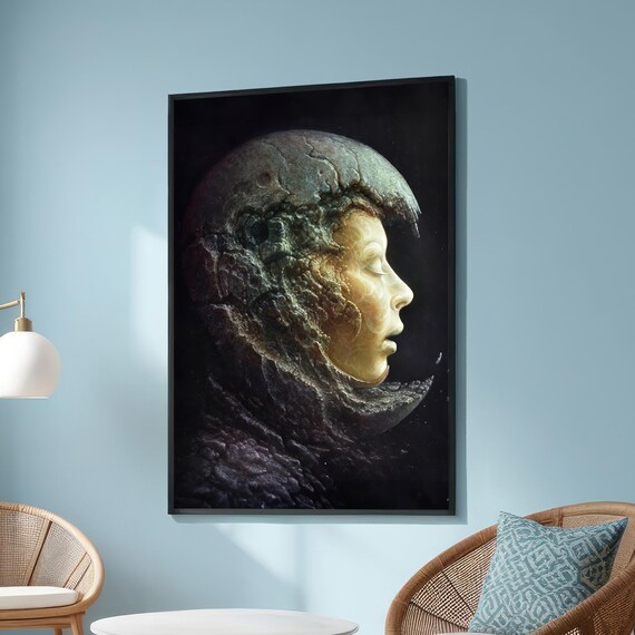 Surreal Moon Stone Woman Profile Cosmic Dark Fantasy Celestial Wall Art