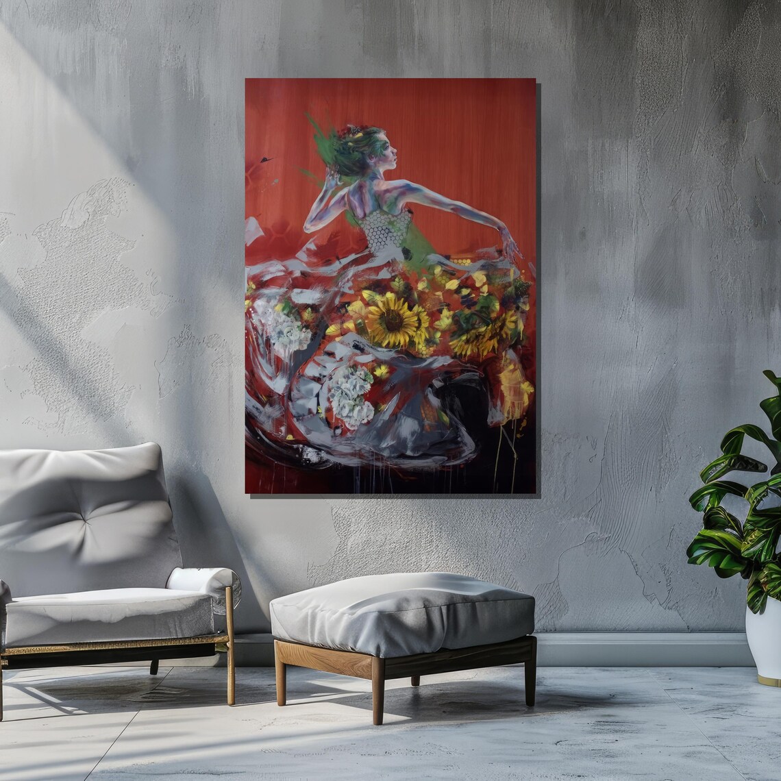 Surreal Woman With Sunflowers, Abstract Nature Decor