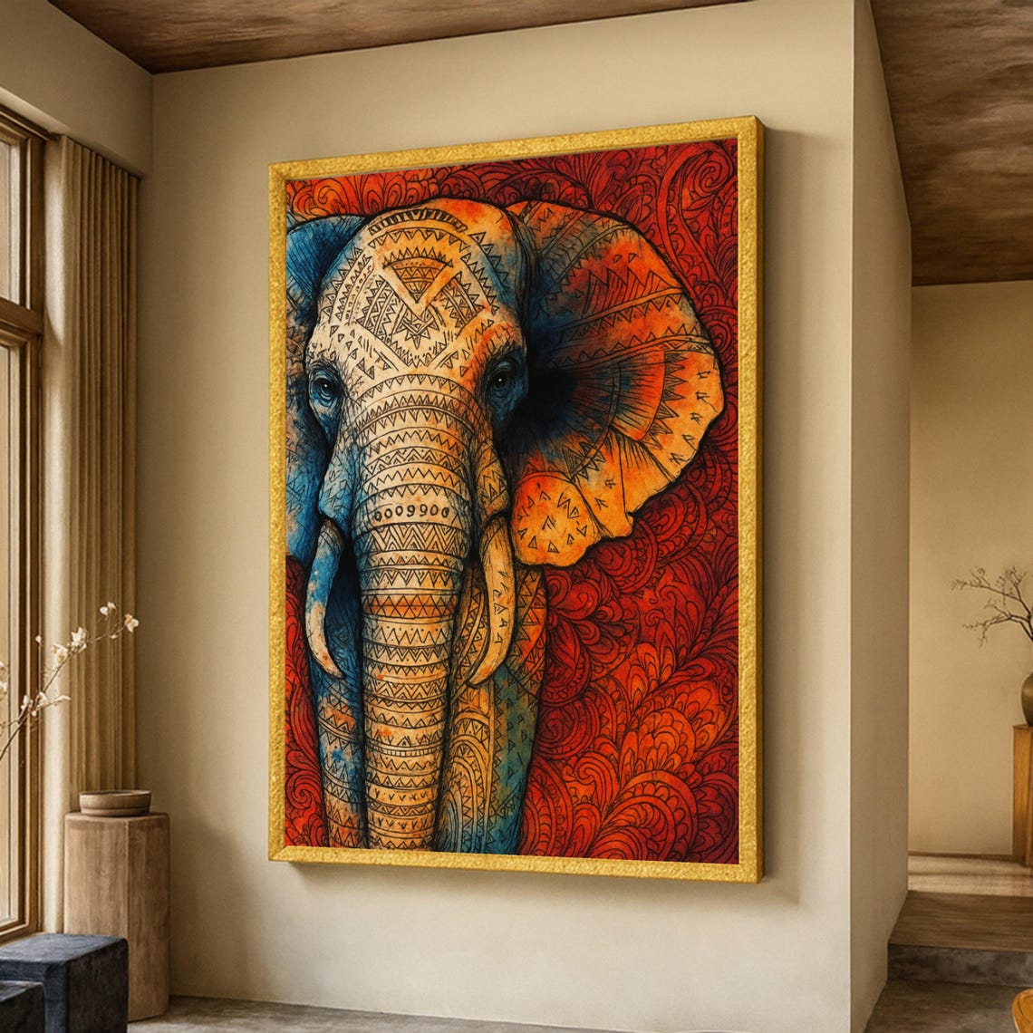 Tribal Elephant Canvas Ethnic Wildlife Animal Wall Art Red Decor