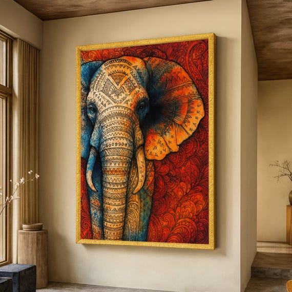 Tribal Elephant Canvas Wall Art Abstract Animal Painting Ethnic Pattern Home Decor Boho Living Room Vibrant Wildlife Print