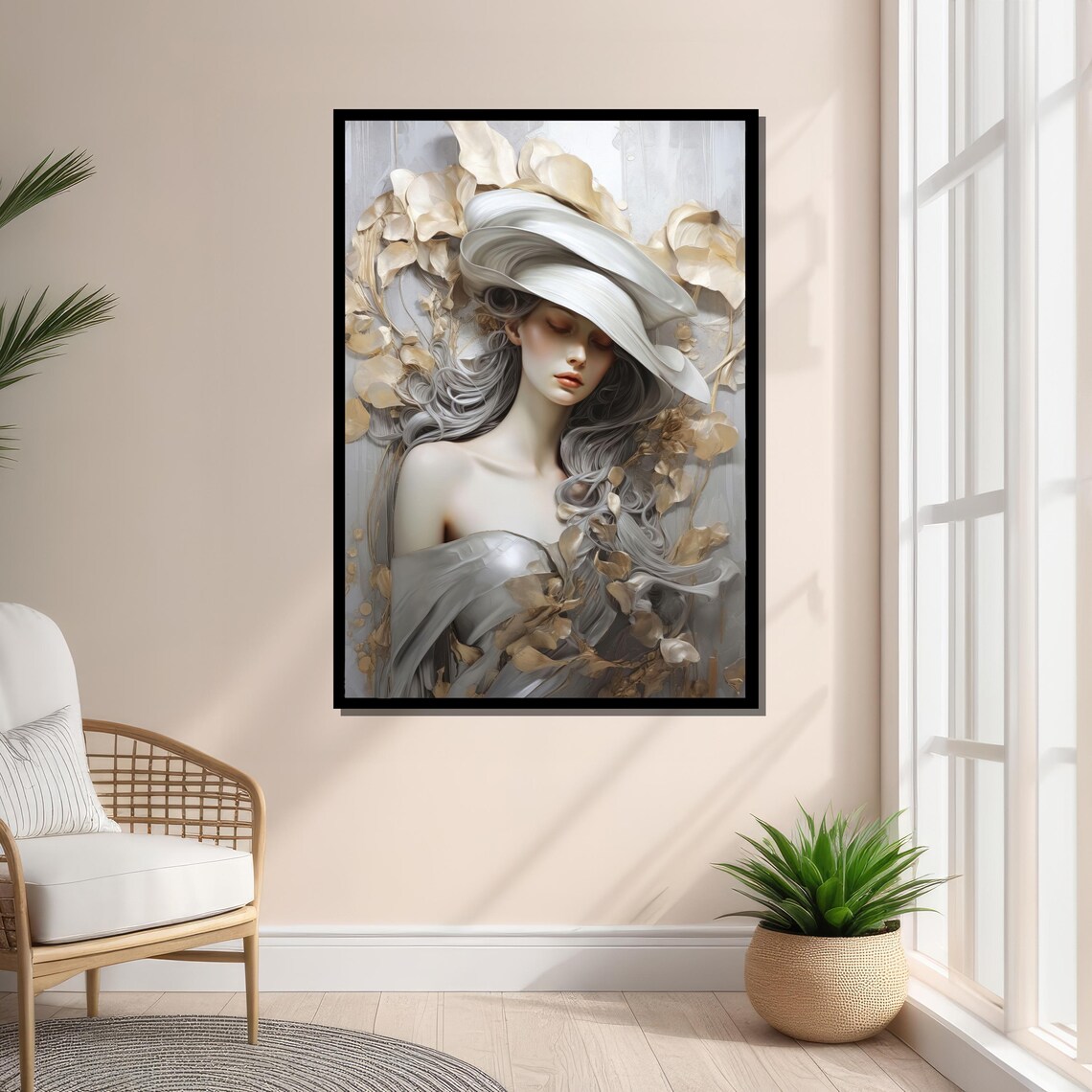 Elegant Woman In White Hat, Surreal Botanical Art Print - Image 4