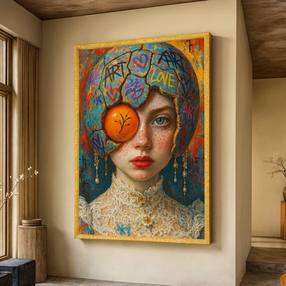 Artistic Woman Portrait Canvas Vintage Lace Dress Graffiti Headpiece Art Surreal Face Wall Modern Fine
