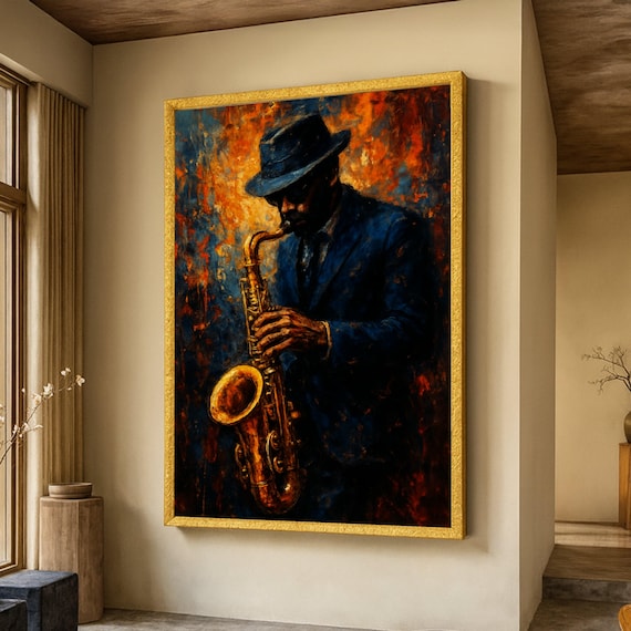 Jazz Musician Playing Saxophone Canvas Blues And Wall Art Vintage Painting Portrait Home Decor