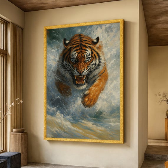 Fierce Tiger Charging Canvas Wildlife Animal Art Roaring Wall Decor Nature Print Bold Jungle Artwork