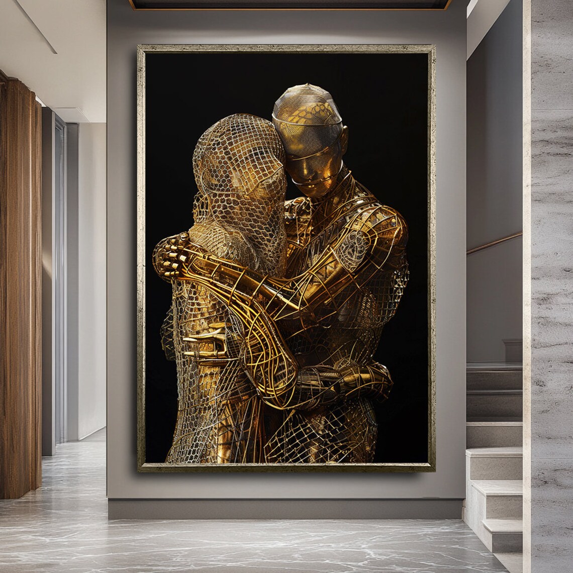 Golden Wire Sculpture Couple Embrace Romantic Love Art Poster - Image 2