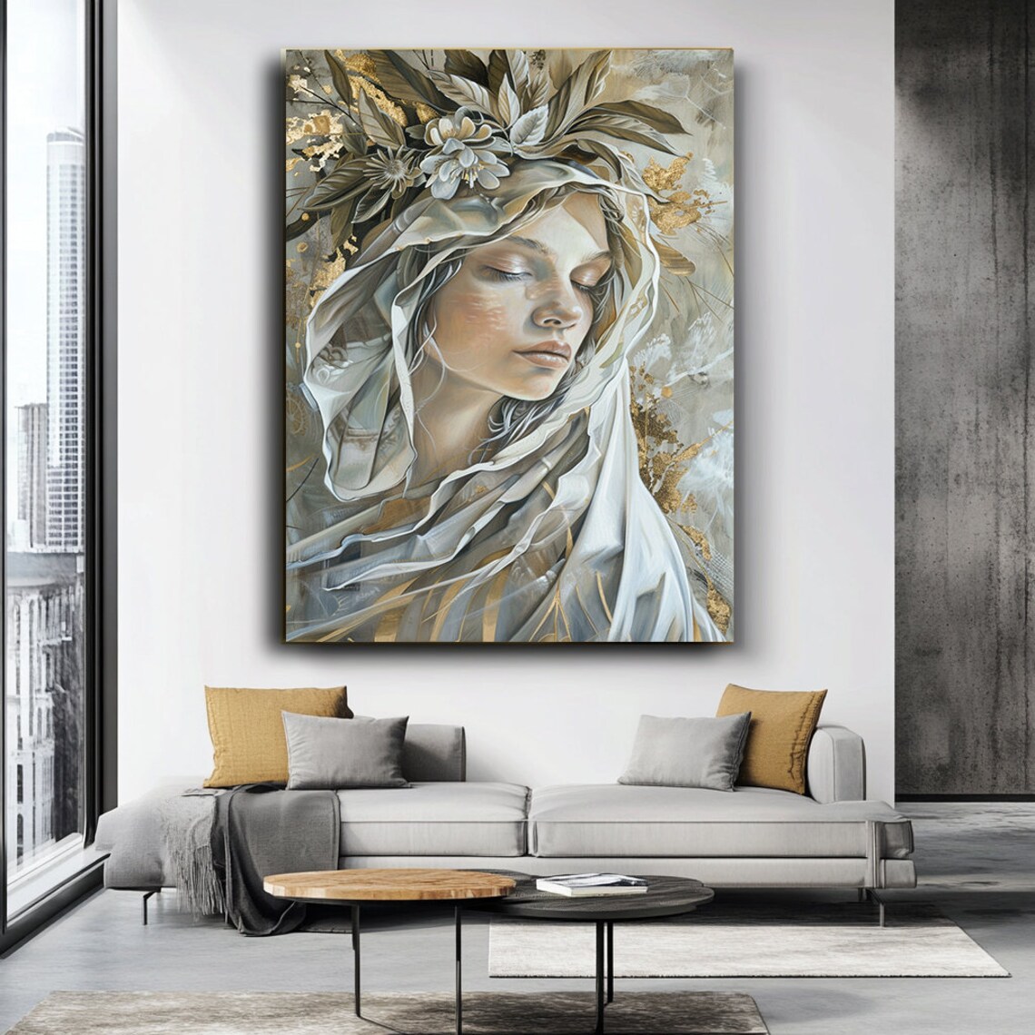 Veiled Beauty Ethereal Woman Portrait With Golden Floral Crown Wall Art - Image 2