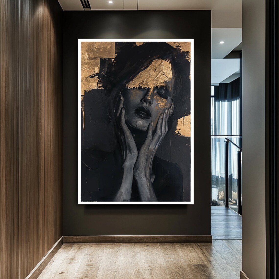 Dark Moody Woman Portrait Gold Leaf Hands To Face Art Poster - Image 3