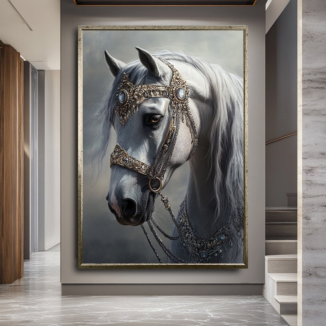 White Horse Head In Jeweled Golden Bridle Majestic Equine Art Poster - Image 2