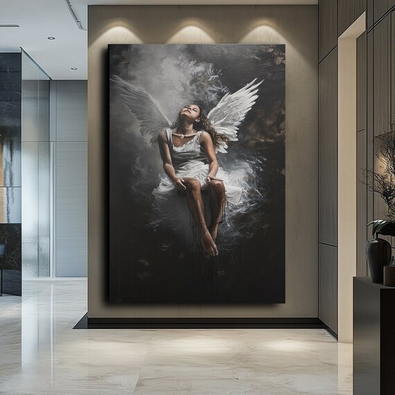 Winged Woman Floating In Dark Smoke White Dress Fantasy Ethereal Art Poster