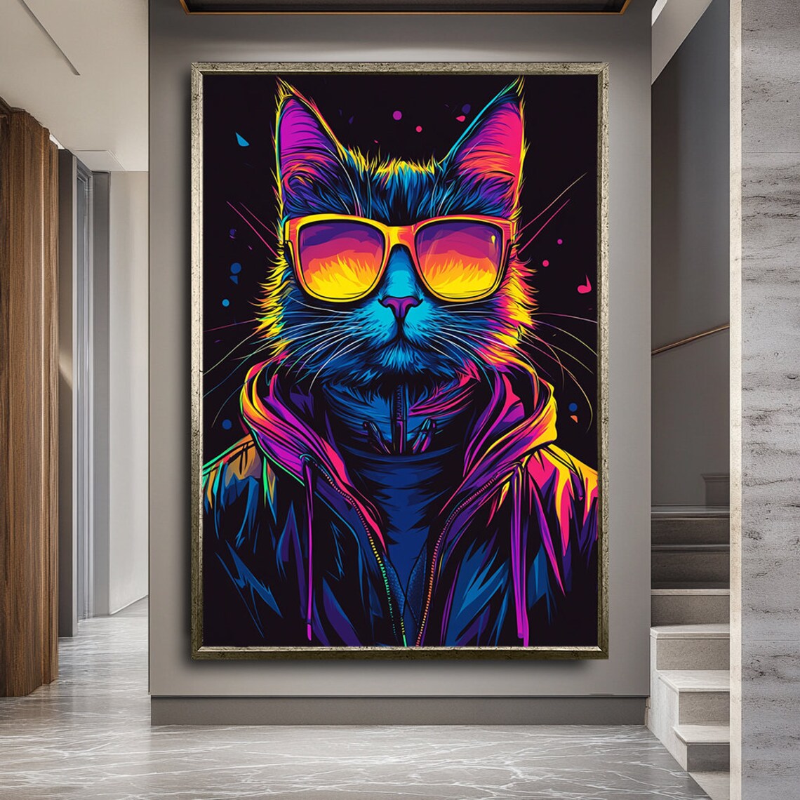 Neon Pop Art Cat Wearing Sunglasses Cool Colorful Animal Poster - Image 2