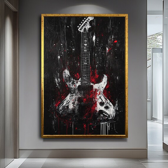Abstract Electric Guitar White Red Splatter Black Background Music Art Poster