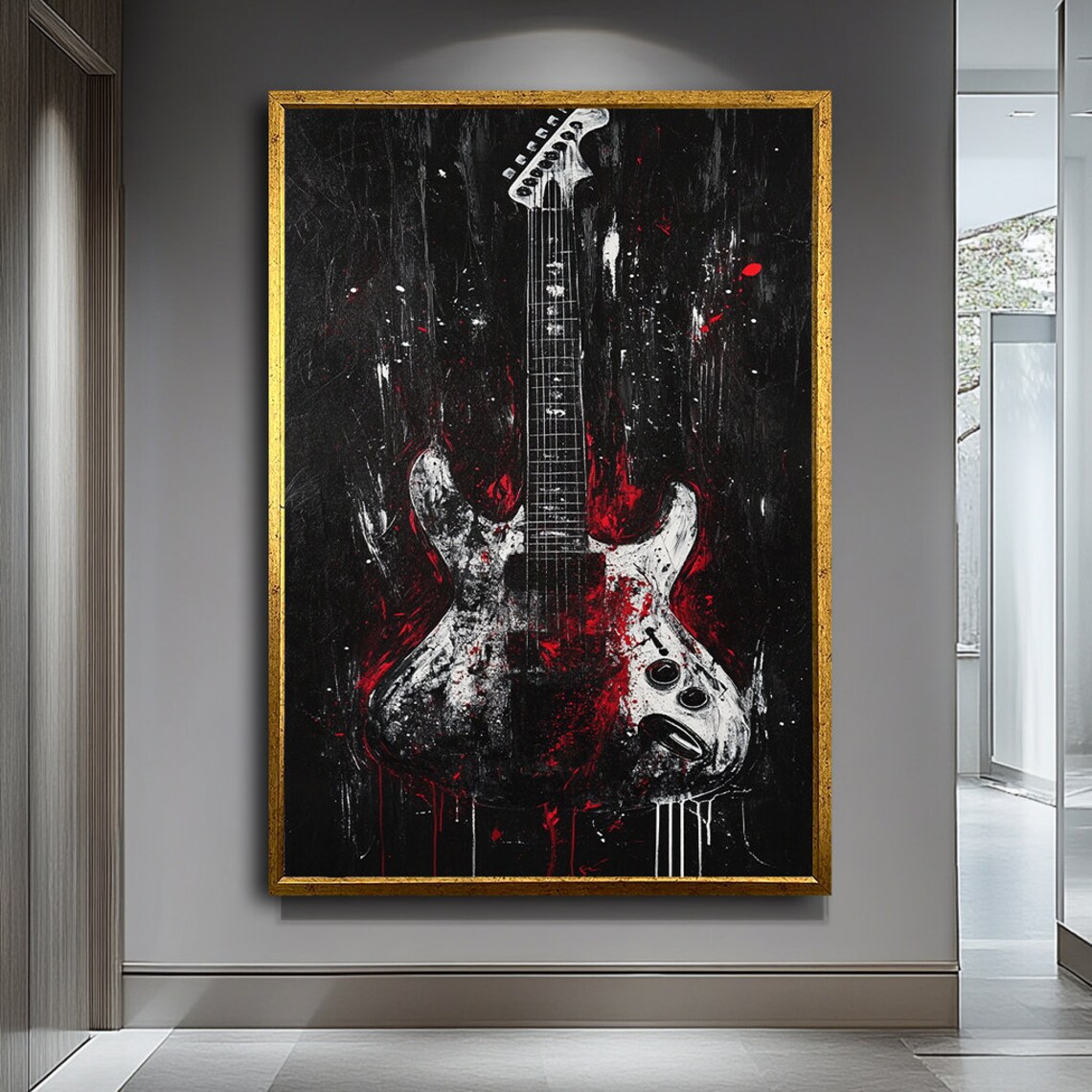 Abstract Electric Guitar White Red Splatter Black Background Music Art Poster
