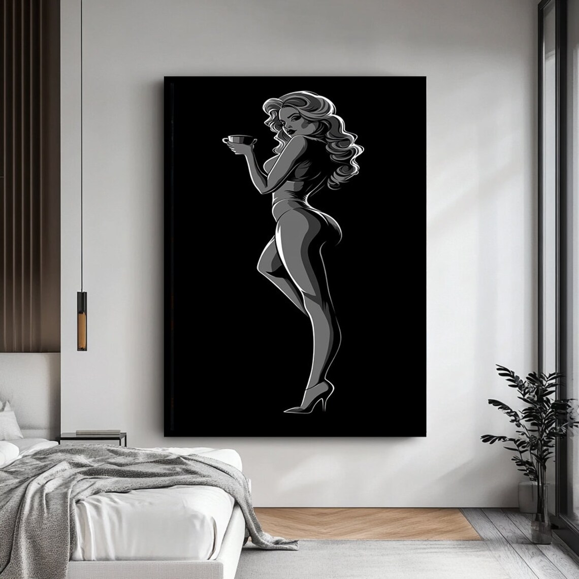 Pop Art Woman Coffee Cup Black White Silhouette Vintage Glamour Wall Poster - Image 4