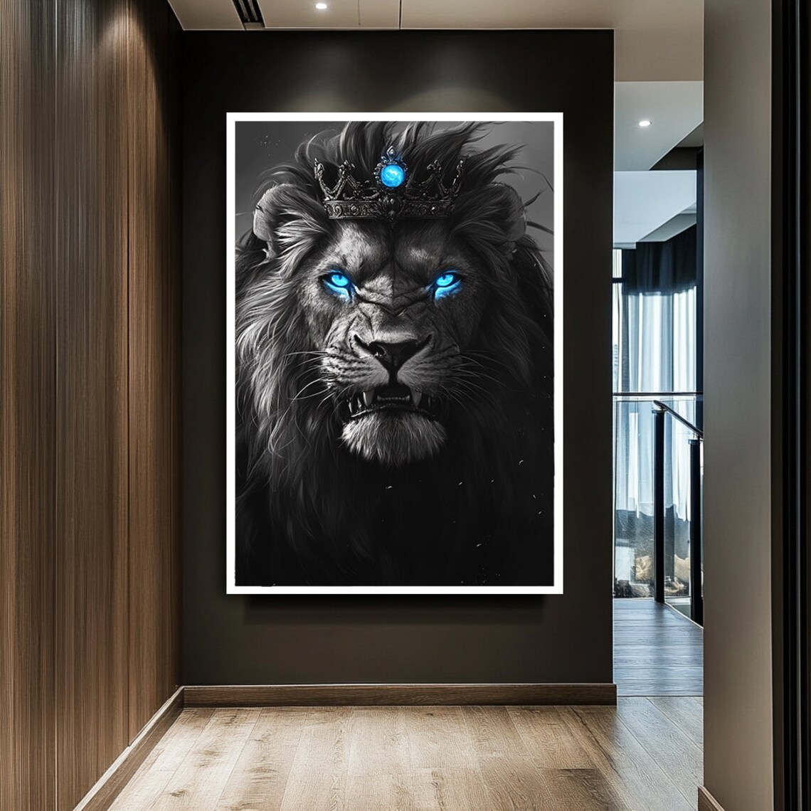 Lion With Blue Eyes and Crown Animal Art Print - Image 2