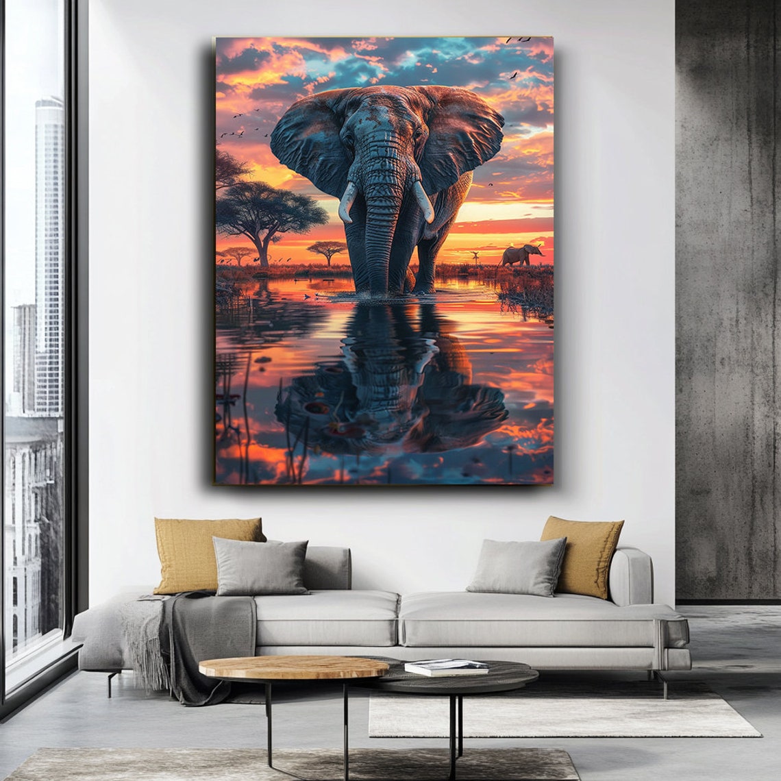 Elephant Sunset Waterhole Reflection Dramatic African Safari Poster - Image 3