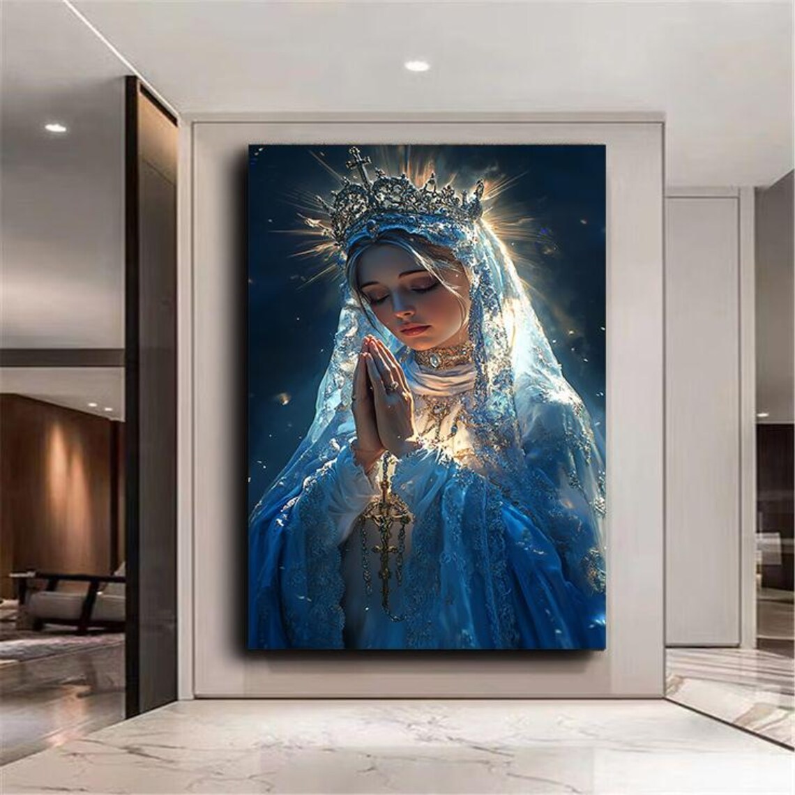 Virgin Mary Praying Crowned Blue Veil Glowing Halo Religious Art Poster - Image 3