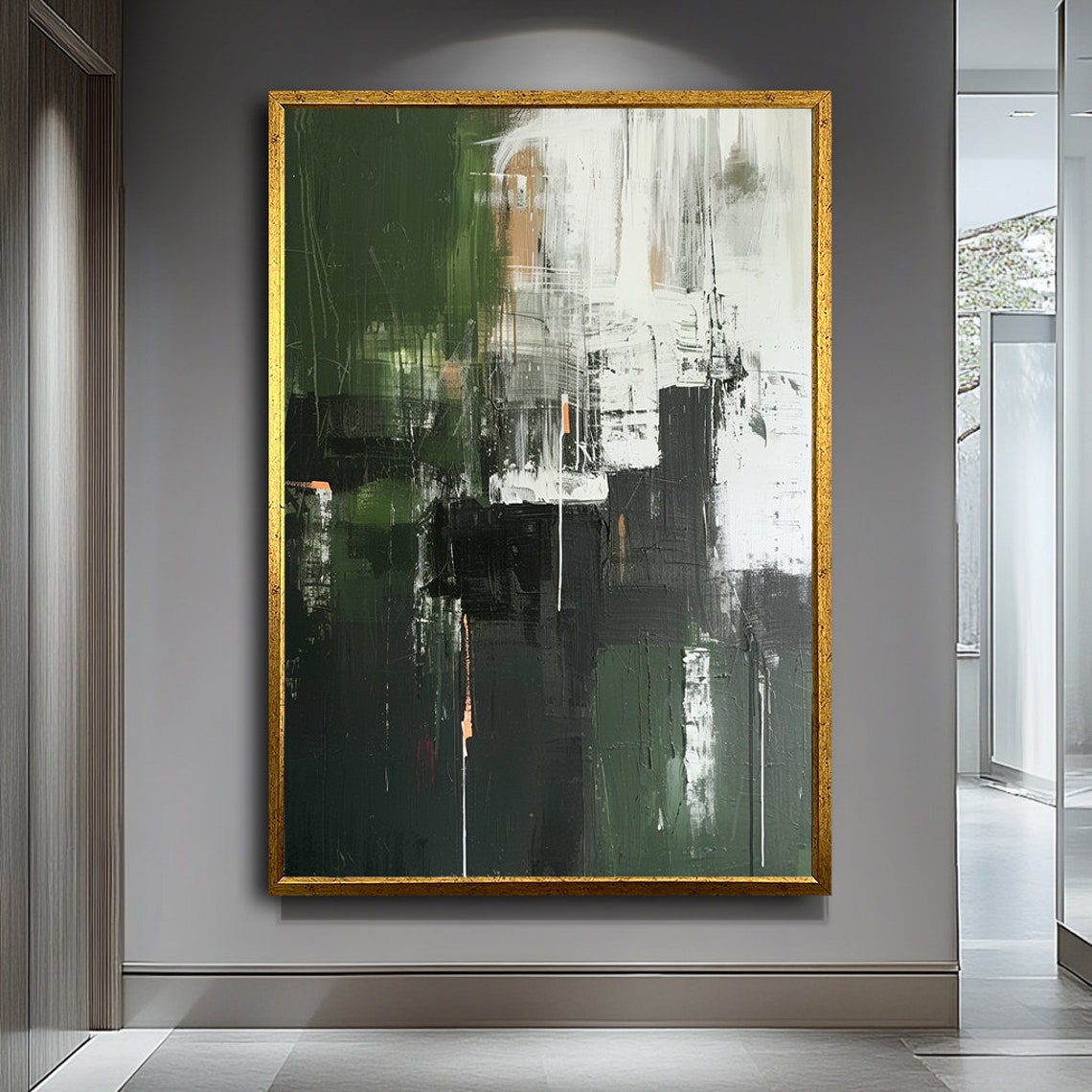 Dark Green Black White Abstract Gestural Modern Painting Poster