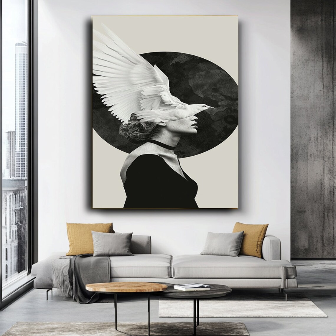 Woman White Dove Bird Over Face Surreal Black White Art Poster - Image 3