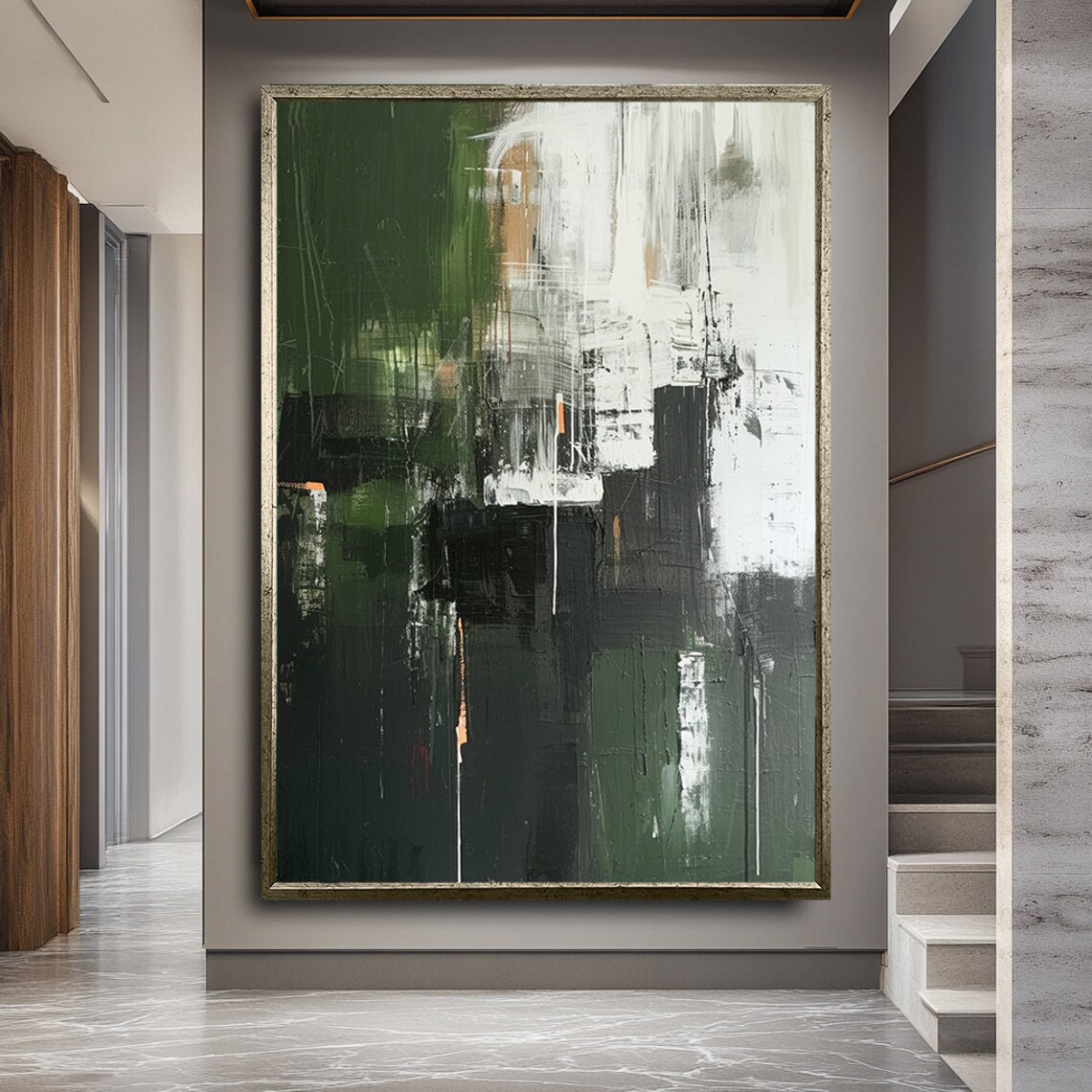 Dark Green Black White Abstract Gestural Modern Painting Poster - Image 2