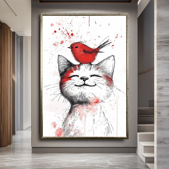 Smiling Cat Red Bird On Head Watercolor Sketch Cute Animal Art Wall Poster