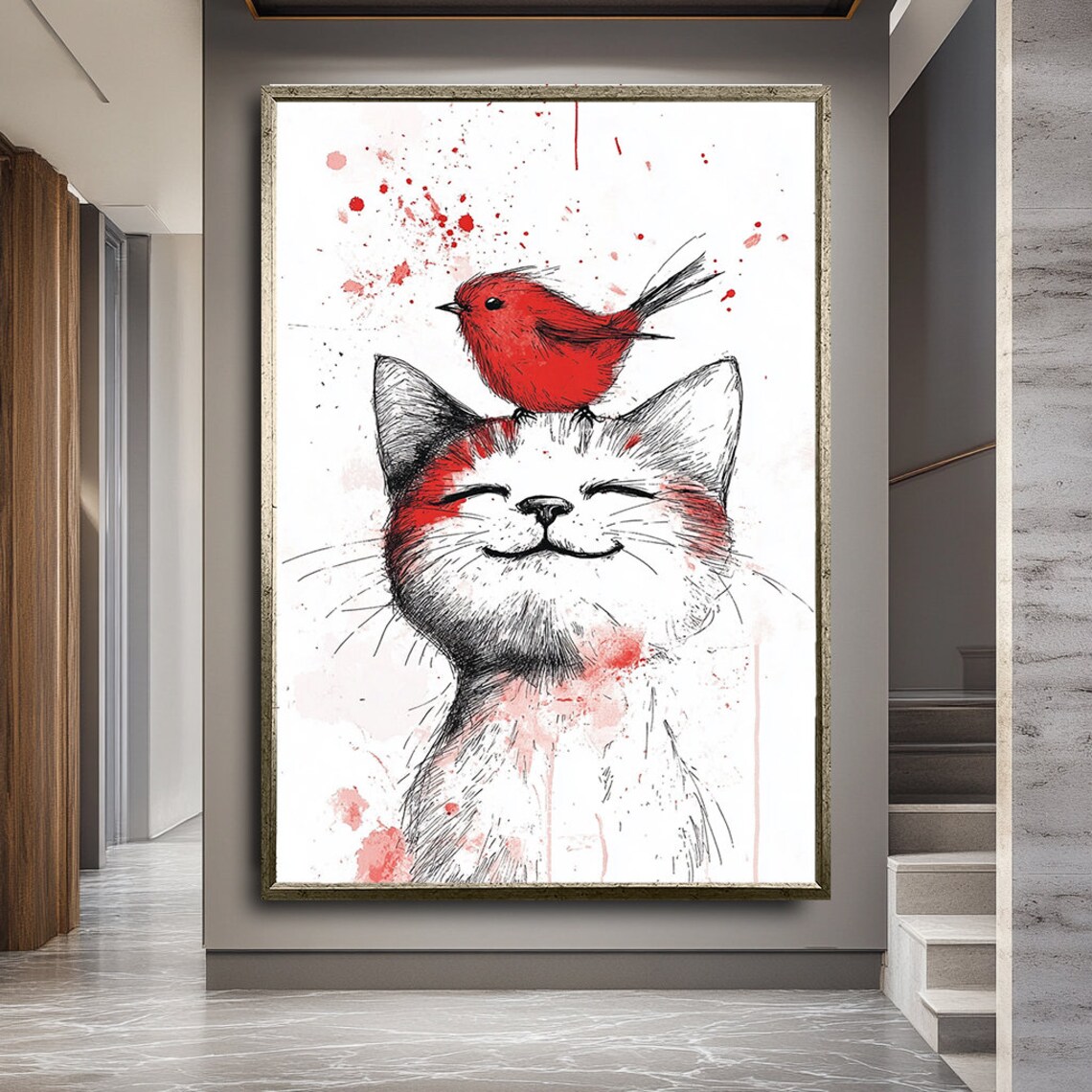 Smiling Cat Red Bird On Head Watercolor Sketch Cute Animal Art Wall Poster