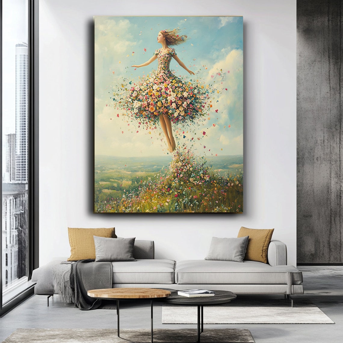 Whimsical Floral Ballerina Painting Woman In A Dress Made Of Flowers Elegant Gold Framed Wall Art For Modern Home Decor Wall Decor - Image 3