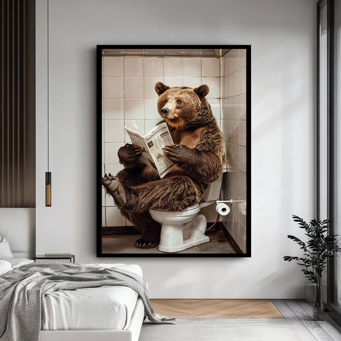 Funny Bear Sitting On Toilet Reading Newspaper Humorous Bathroom Wall Art Poster