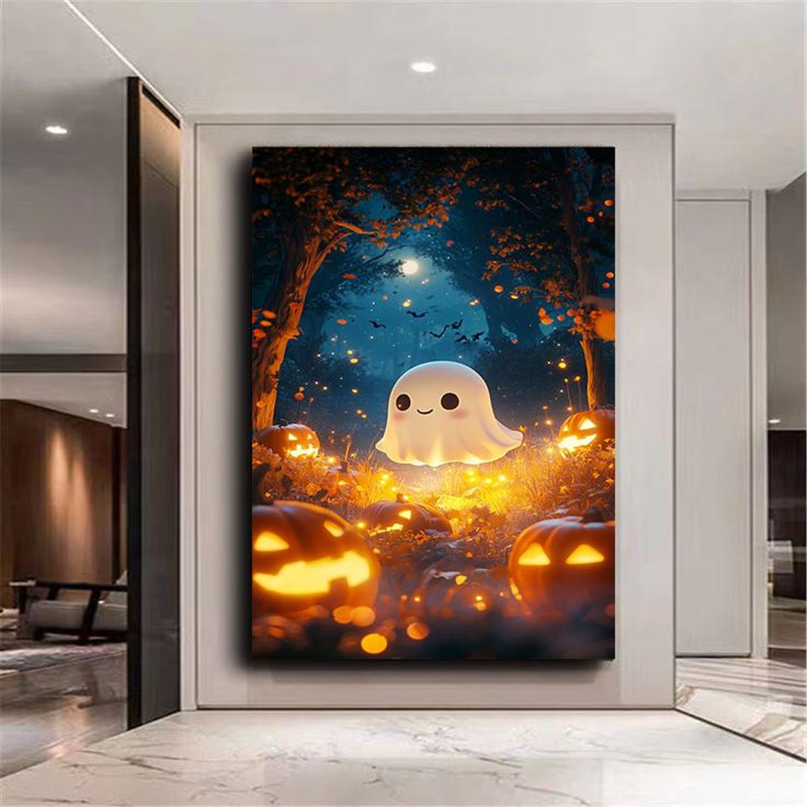 Cute Ghost and Glowing Jack O Lanterns Halloween Forest Kids Wall Art - Image 2