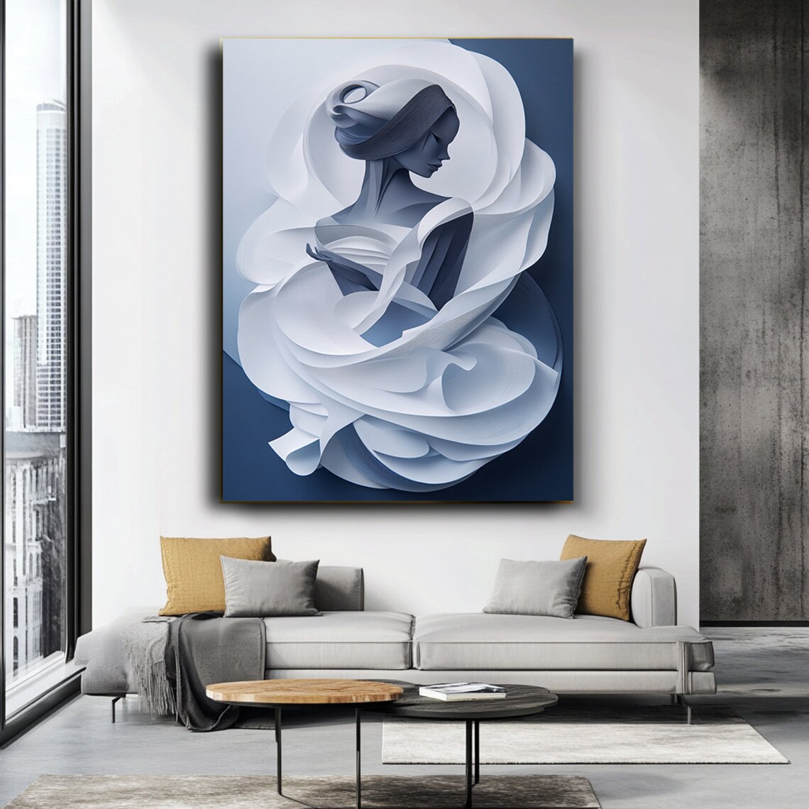 Abstract White Blue Woman Flowing Fabric Minimalist Elegant Art Wall Poster - Image 3