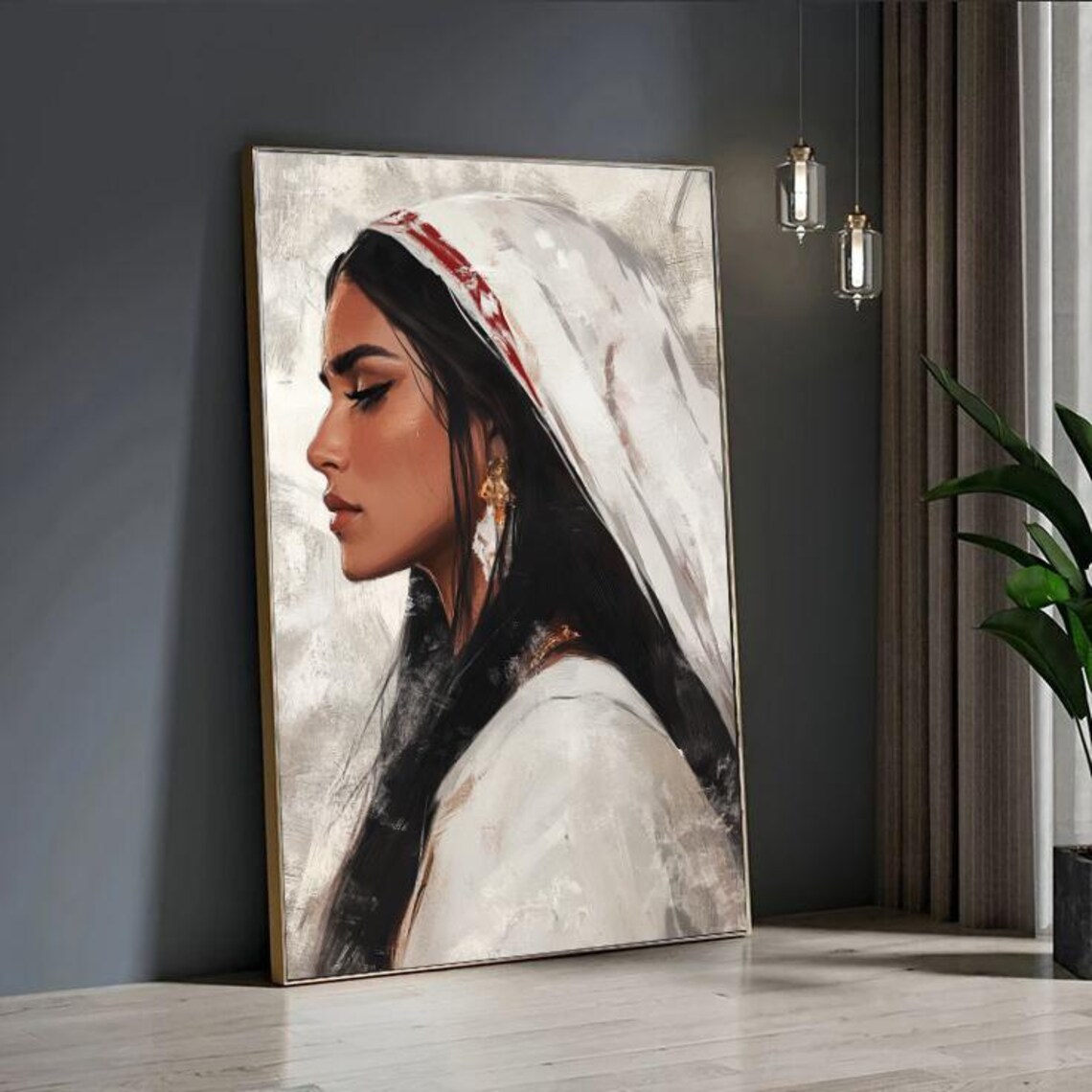 Woman in Traditional White Attire Timeless Cultural Portrait Gold Wall Art