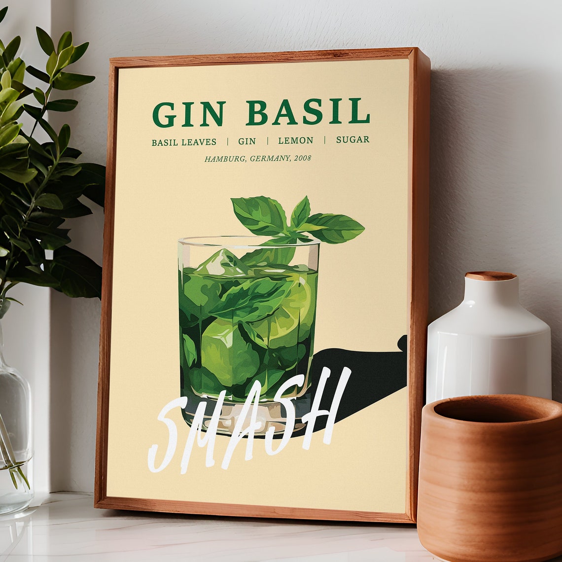 Gin Basil Smash Cocktail Recipe Poster Retro Bar Decor Style