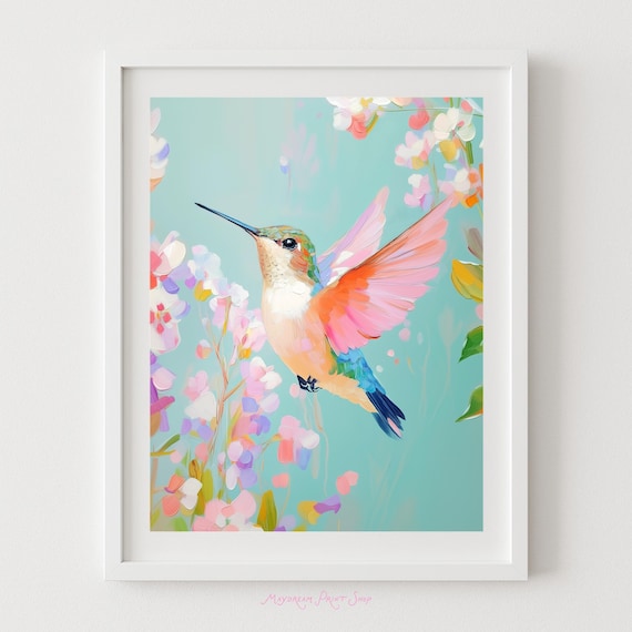 Hummingbird Art Print Colorful Floral Bird Whimsical Garden Decor Vibrant Nature Illustration Pastel Animal