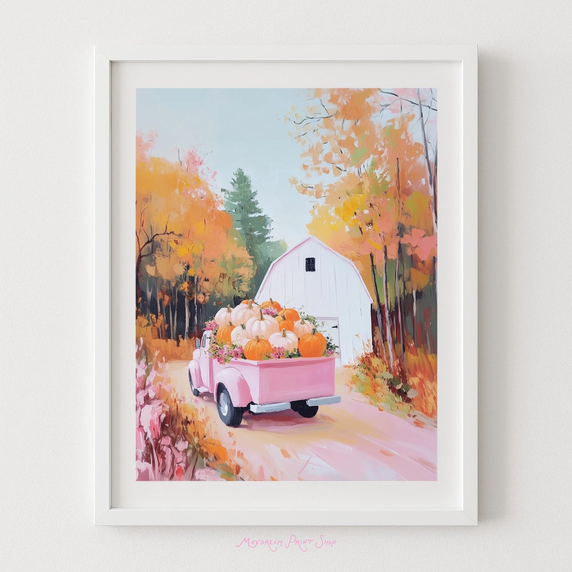 Fall Pumpkins In Pink Truck Art Country Decor White Barn On Autumn Farm Pumpkin Patch Halloween Poster