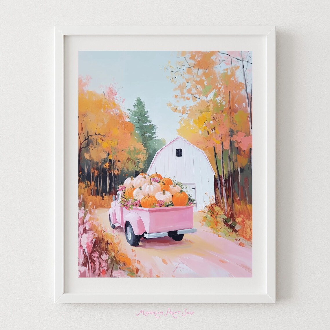 Pink Vintage Truck Loaded with Pumpkins Fall Farm Painting Poster