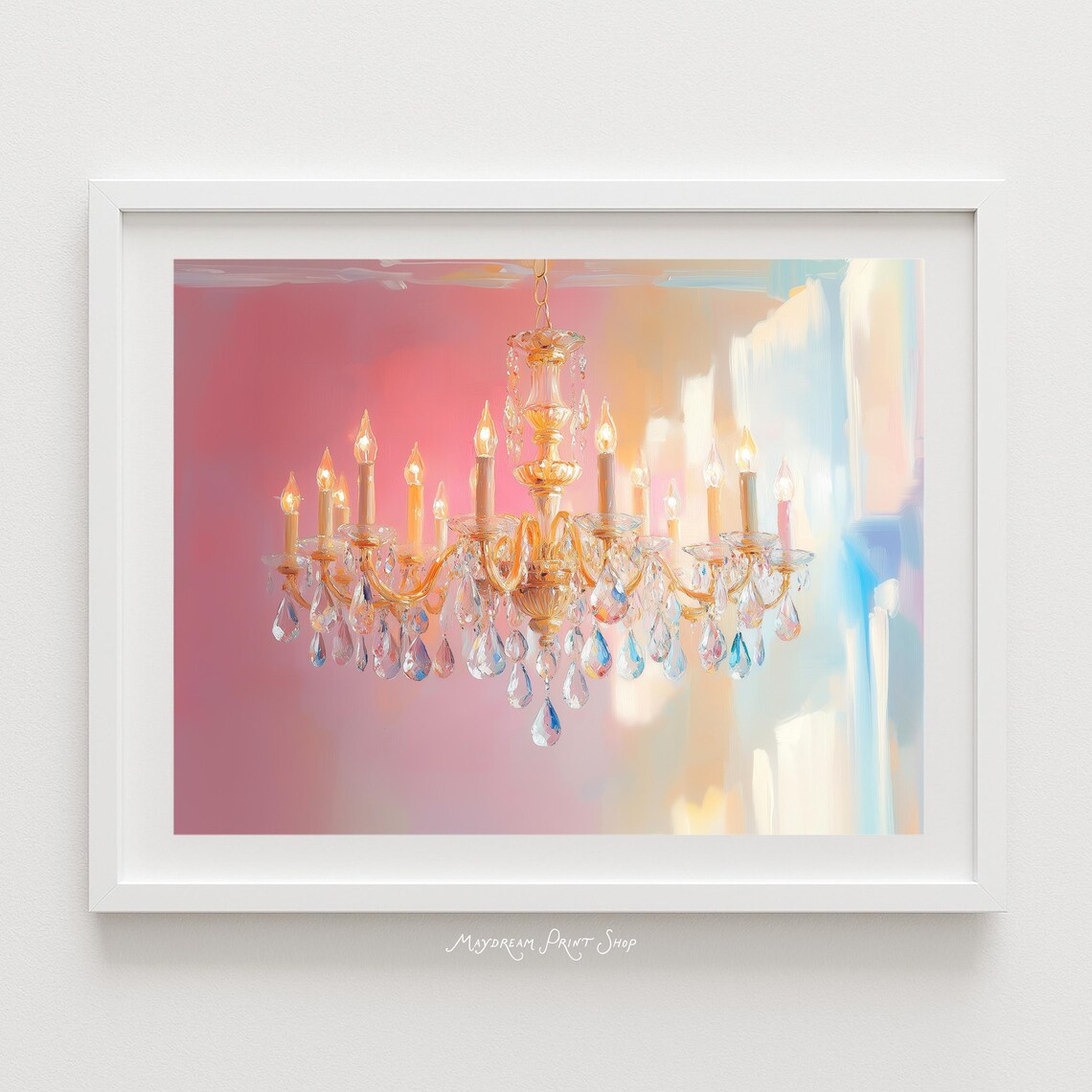 Pastel Pink Crystal Chandelier Painting Horizontal Elegant Art Poster