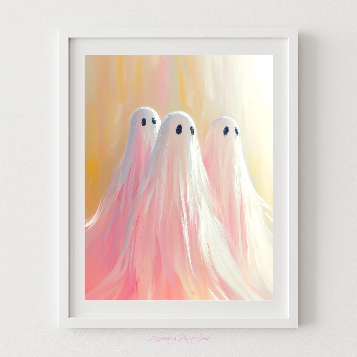 Spooky Ghosts Art Colorful Halloween Decor Trio Fall Haunted Painting Pink