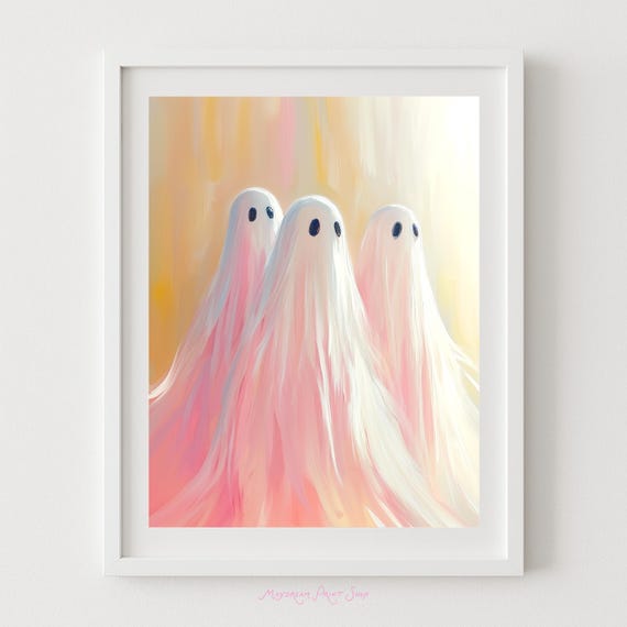 Spooky Ghosts Art Colorful Halloween Decor Trio Fall Haunted Painting Pink