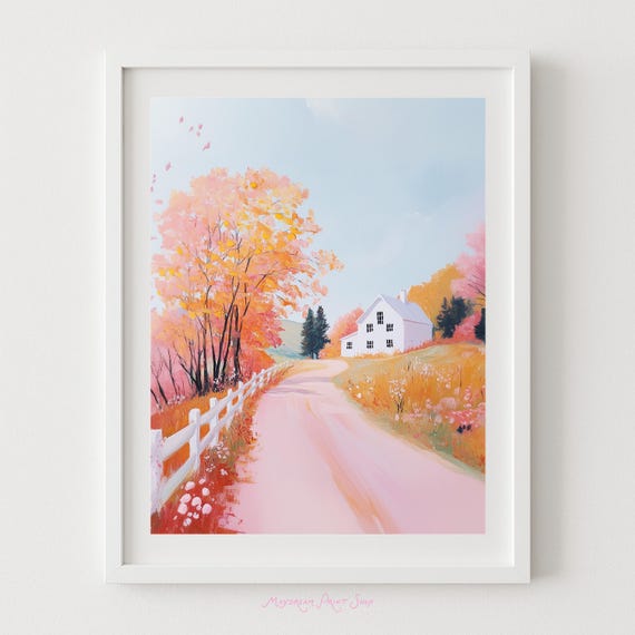 Autumn Farmhouse Country Road Art Painting Fall Home Decor Pink And Orange Halloween Print Foliage Trees